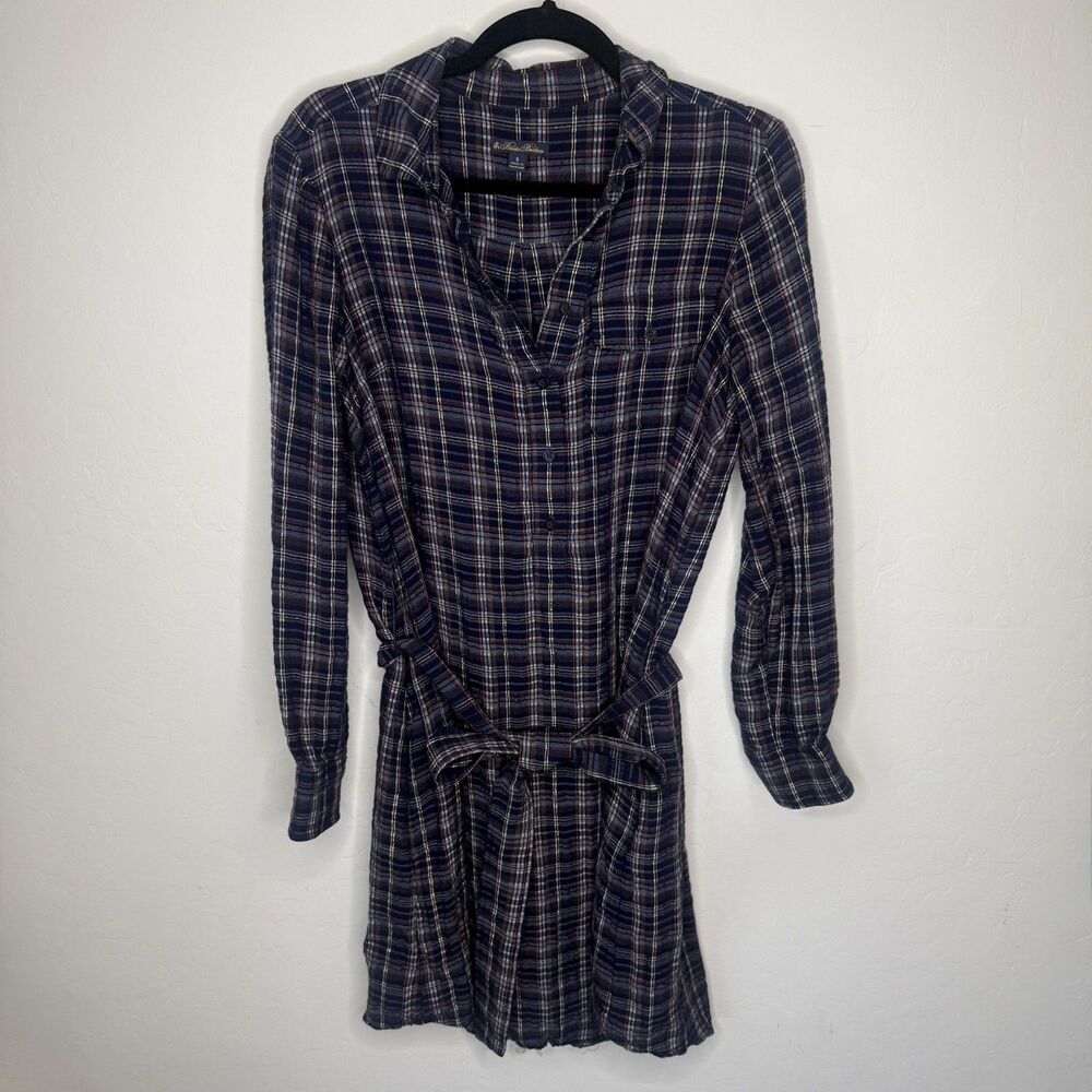 Brooks Brothers Sz 8 Navy Plaid Metallic Button Down Shirt Dress Preppy Holiday
